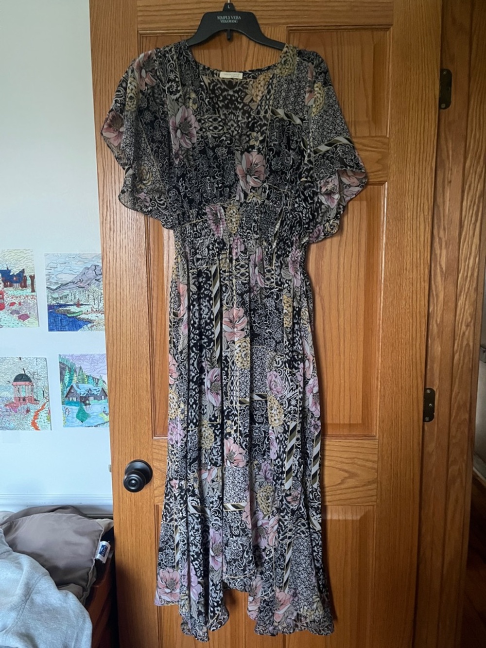 lovestitch Black Floral Patchwork Maxi Dress with Pink Accents